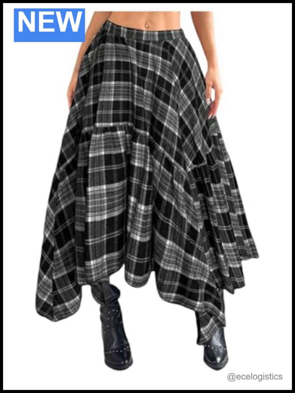 WDIRARA Plus Size Plaid Asymmetrical Flared Maxi A-Line Skirt Y2K